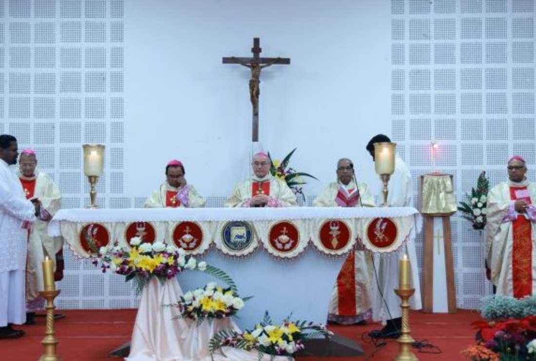 Archbishop Leopoldo Girelli, the apostolic nuncio to India and Nepal, celebrates the Holy Eucharist with other concelebrants on the second day of the 34th Plenary Assembly of the Conference of Catholic Bishops of India (CCBI) in the southern Indian city of Bengaluru on Jan. 25