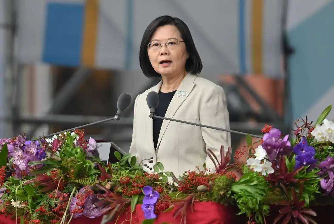 Taiwan's President Tsai Ing-wen speaks at a ceremony to mark the island's National Day in front of the Presidential Office in Taipei on Oct. 10, 2022