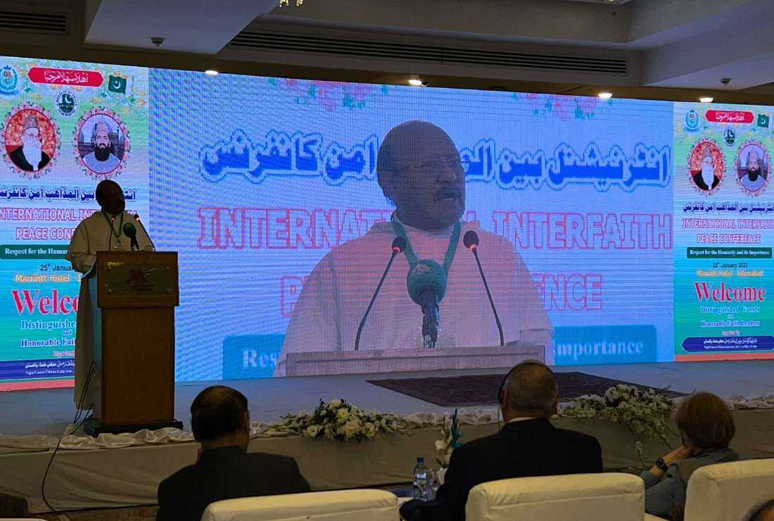 Father James Channan, director of the Dominican Peace Center, speaking at the Interfaith Peace Conference in Islamabad on Jan. 25