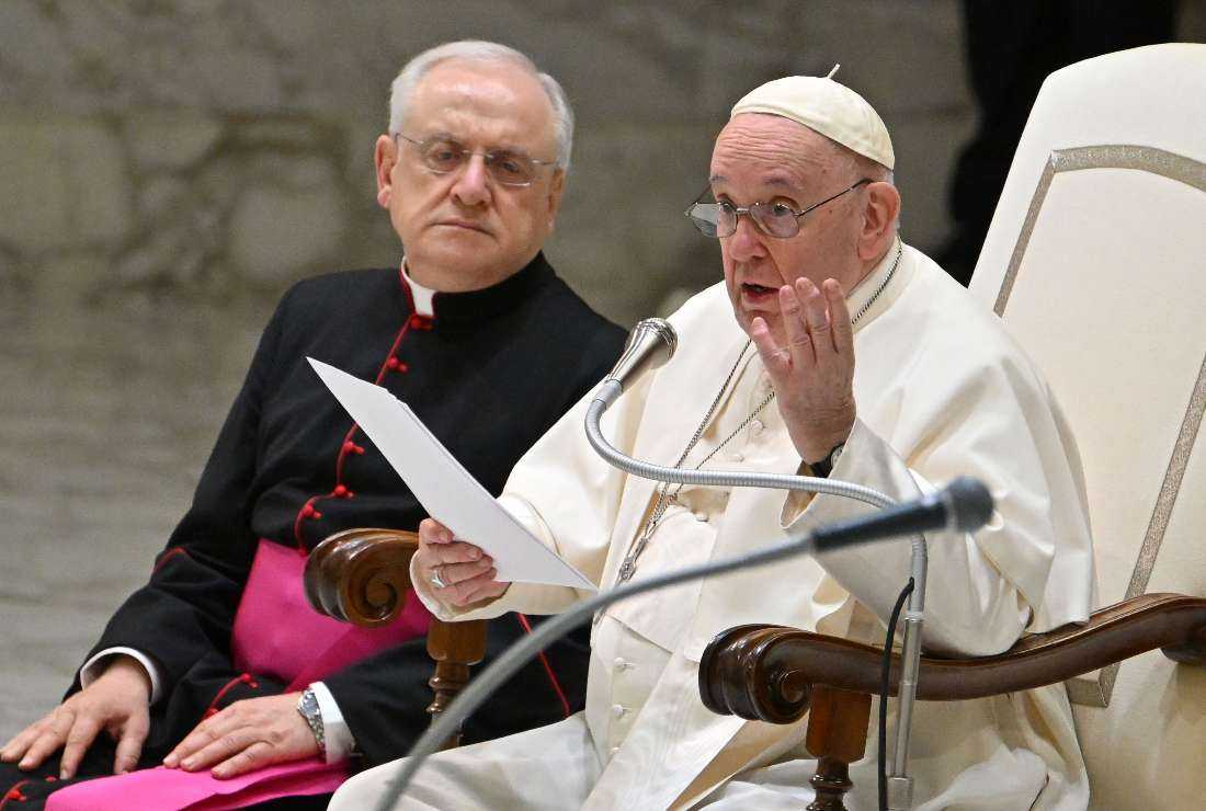 Pope Francis speaks during his weekly general audience in the Paul VI hall at the Vatican on Jan. 11