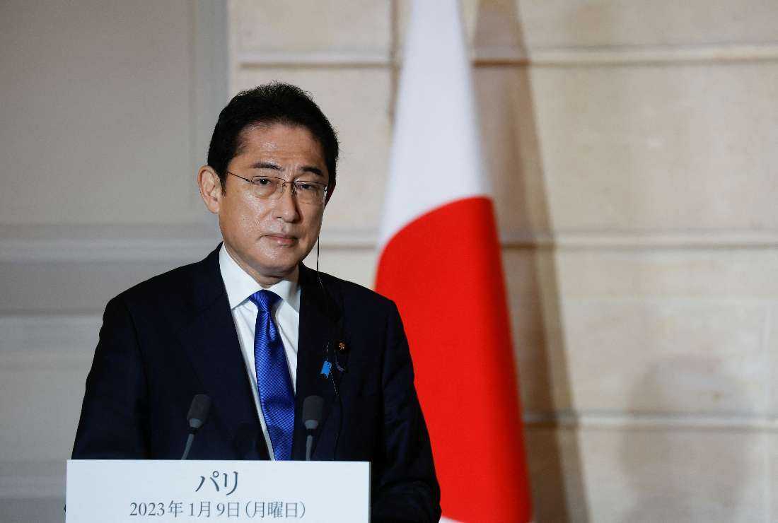 Japan's Prime Minister Fumio Kishida delivers a joint statement with French President at the Elysee Palace in Paris, on Jan. 9