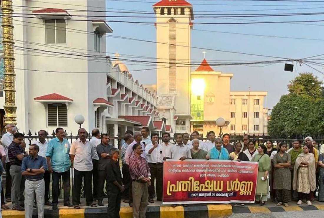 Catholics protest in front of St Mary's Cathedral Basilica in Ernakulam in the southern Indian state of Kerala on Jan. 26 demanding the police reopen it
