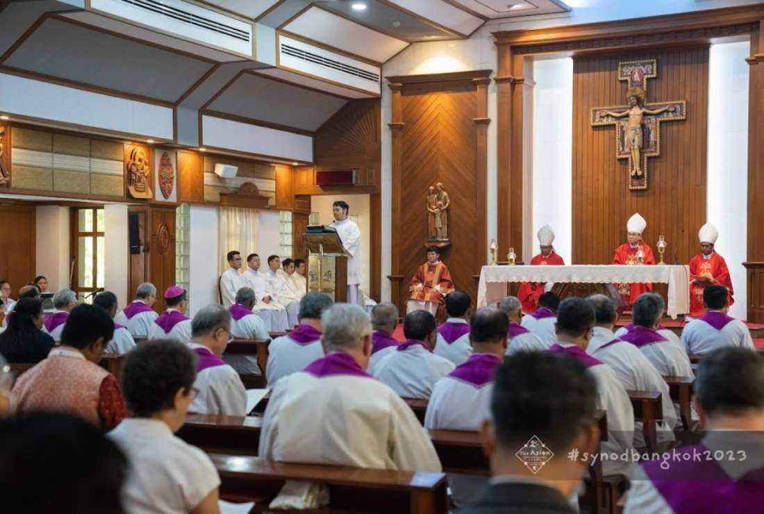 Archbishop Tarcisio Isao Kikuchi of Tokyo, Japan, the secretary general of the Federation of Asian Bishops' Conferences (FABC), presides over the inaugural mass of the Asian Continental Assembly on Synodality on Feb. 23