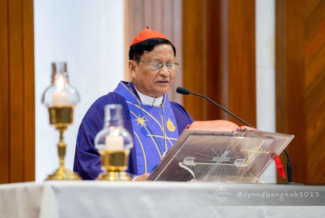 Cardinal Charles Bo of Yangon, president of the Federation of Asian Bishops’ Conferences (FABC) speaks at the closing Mass of the Asian Continental Assembly on Synodality at the Baan Phu Waan (The Sower’s House) Pastoral Training Centre of Bangkok archdiocese on Feb. 26