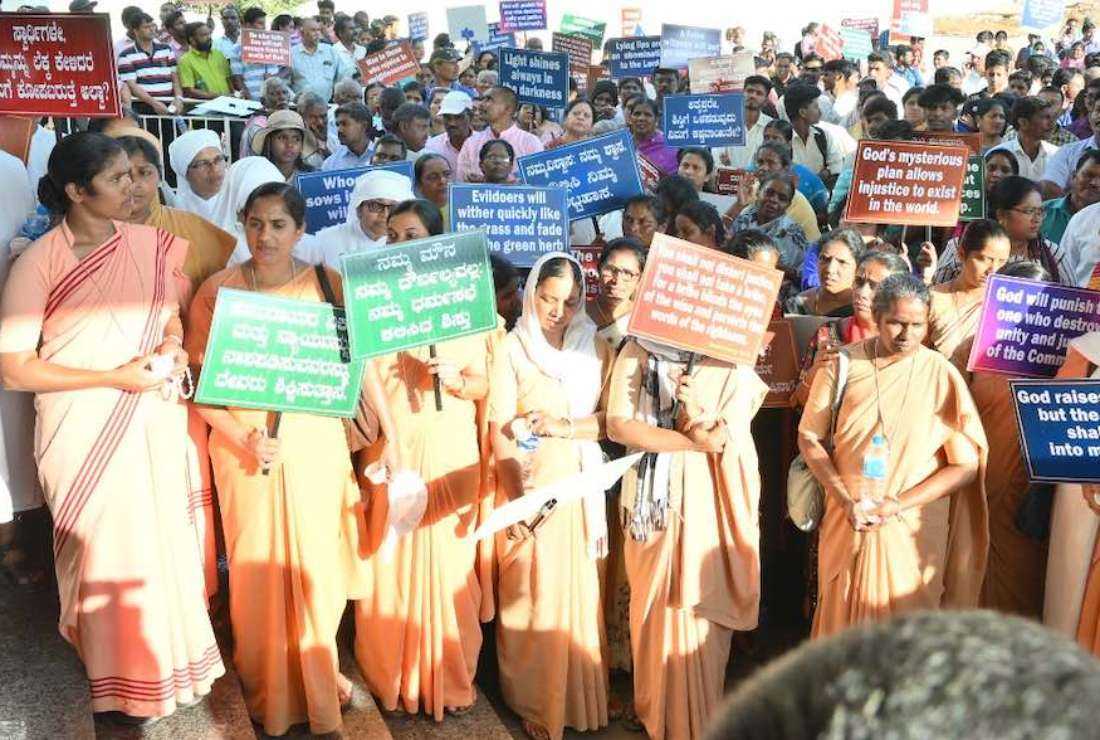 Catholics, including priests and nuns, demonstrate on Feb. 5 demanding the reinstatement of Bishop Kannikadass A William of Mysore in southern India