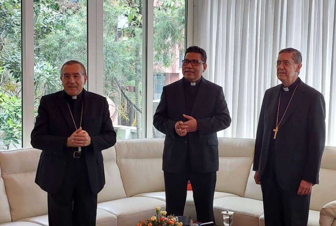 Cardinal Miguel Angel Ayuso Guixot (right), Apostolic Nuncio to Indonesia Archbishop Piero Pioppo (left), and Divine Word Father Markus Solo Kewuta (middle) are seen during a press conference at the Vatican Embassy in Jakarta on Feb. 11