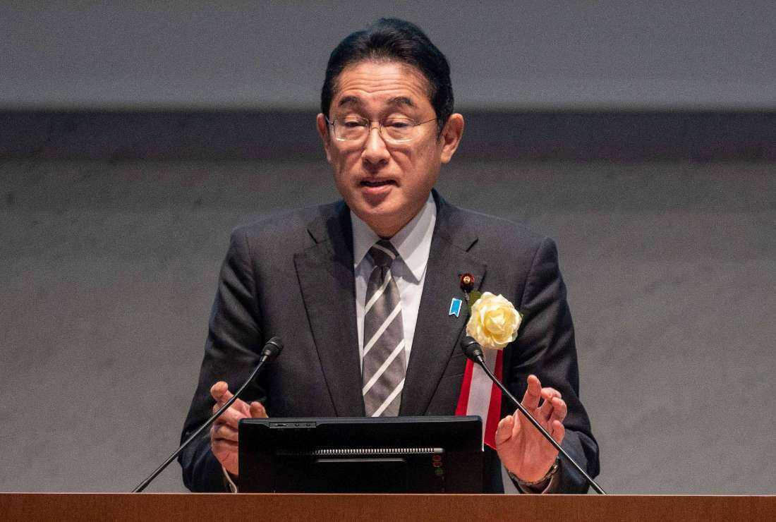 Japan's Prime Minister Fumio Kishida delivers a speech at the headquarters of Japan Business Federation, in Tokyo in December 2022. Kishida has dismissed his close aide for his anti-LGBT comments
