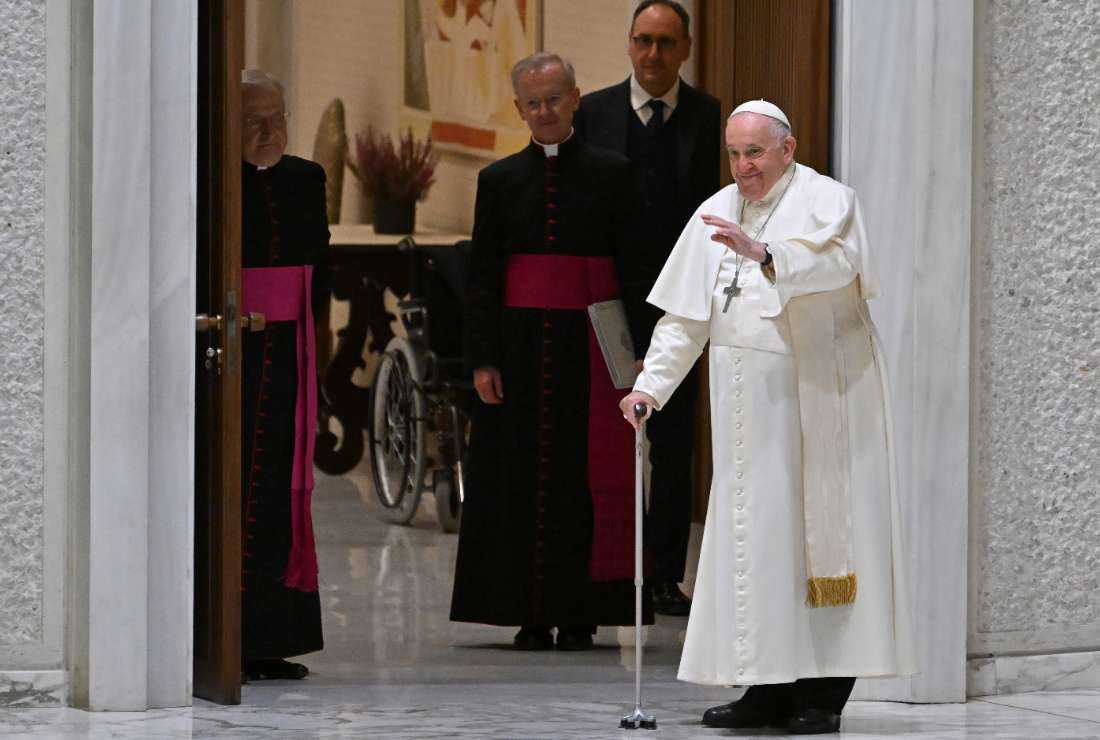 Pope Francis waves to attendees as he arrives for the weekly general audience on Feb. 8 at Paul-VI hall in The Vatican