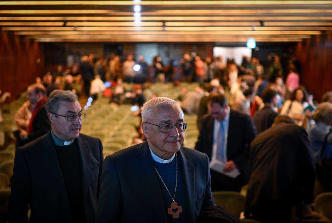 Bishop Jose Ornelas Carvalho of Leiria-Fatima leaves after a press conference held by an independent commission for the study of sexual abuse of children in the Portuguese Catholic Church at Gulbenkian Foundation in Lisbon, on Feb. 13