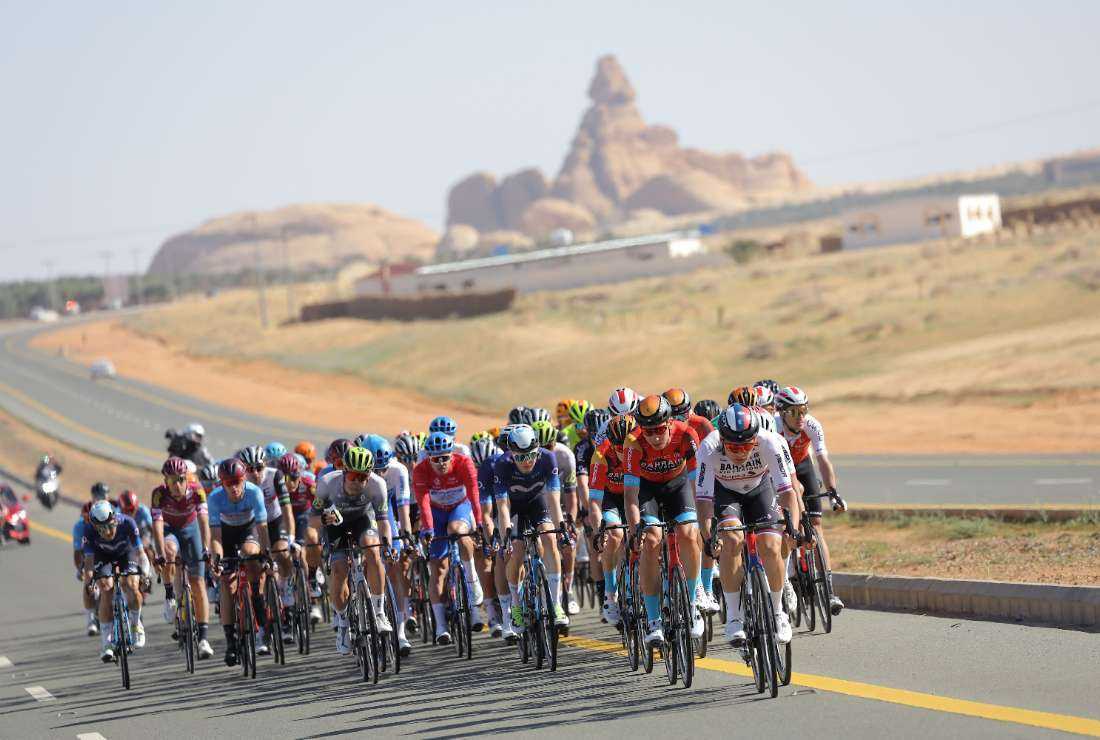 The pack rides during the fourth stage of the 2023 Saudi Tour, from Maraya to Skyviews of Harrat Uwayrid, on Feb. 2, 2023