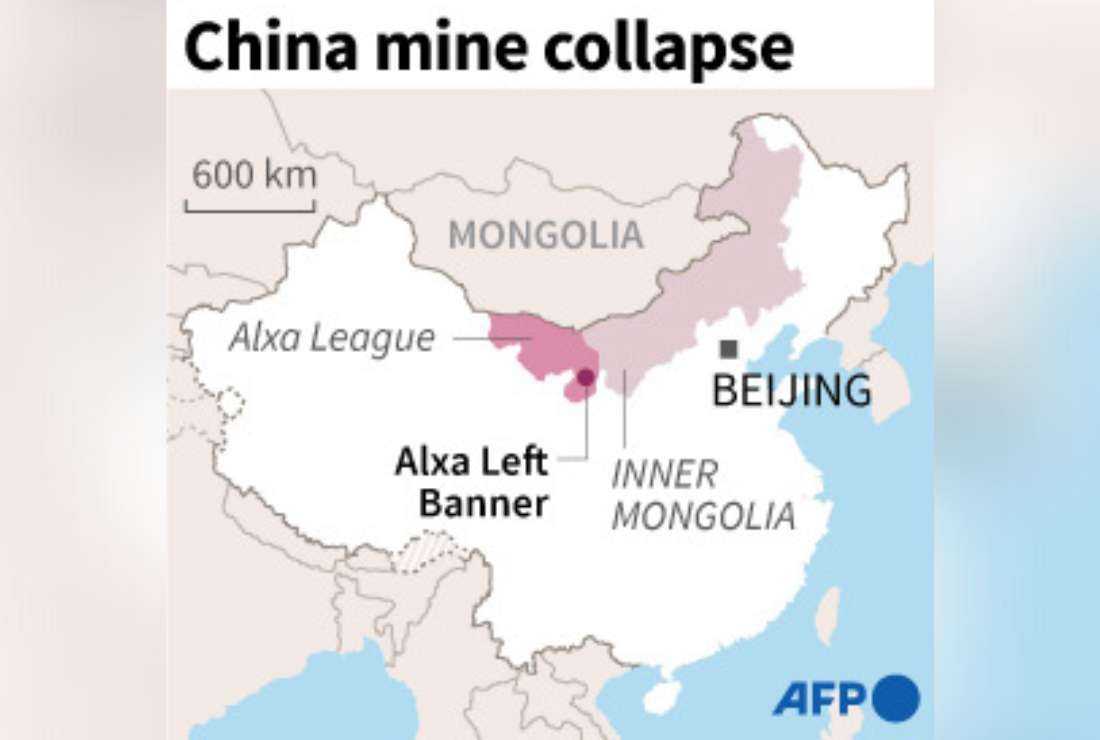 Map locating Alxa Left Banner in Inner Mongolia, China, where dozens of people are missing after a mine collapsed on February 22, according to state media