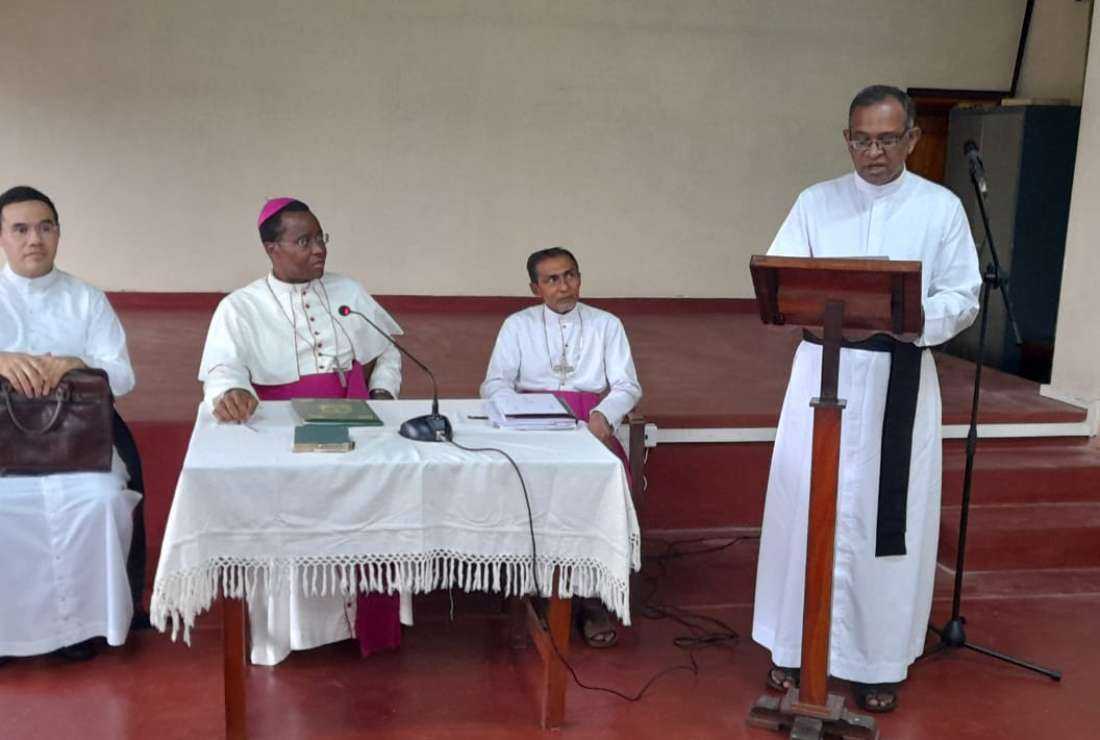 Bishop-elect Jude Nisantha Silva of Badulla in Sri Lanka addresses a gathering in this undated photo