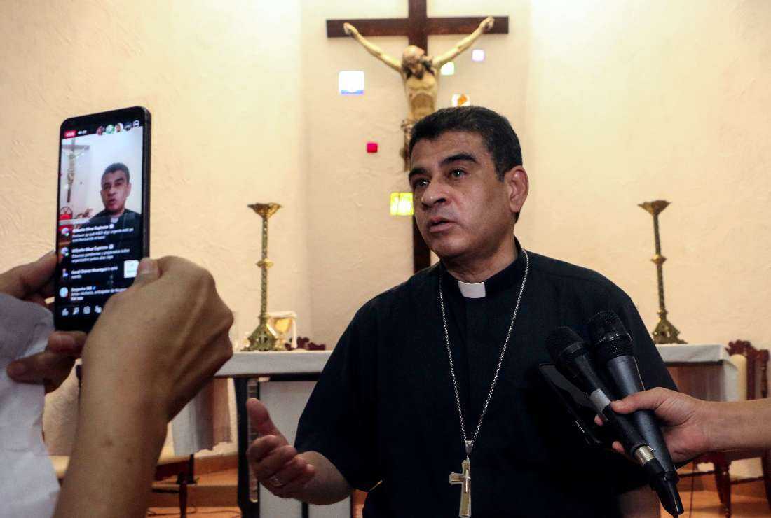 In this file photo taken on May 20, 2022, Nicaraguan Catholic bishop Rolando Alvarez speaks to the press at the Santo Cristo de Esquipulas church in Managua