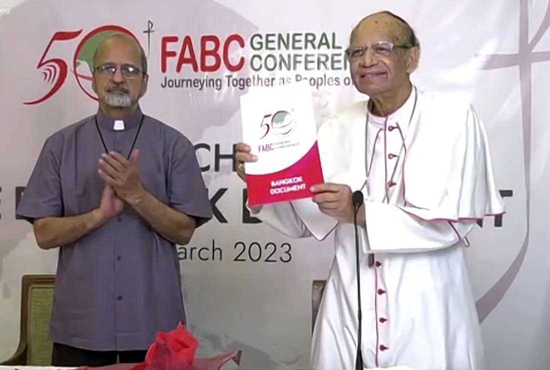 Former FABC president Cardinal Oswald Gracias of Bombay presents the 'Bangkok Document' — the final version of the continental synodal gathering during an online ceremony on March 15