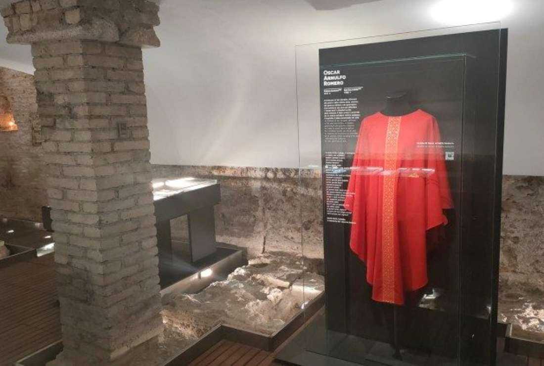 Photograph shows the chasuble of Archbishop Oscar Romero displayed at the Memorial of New Martyrs in the Church of St Bartholomew in Rome