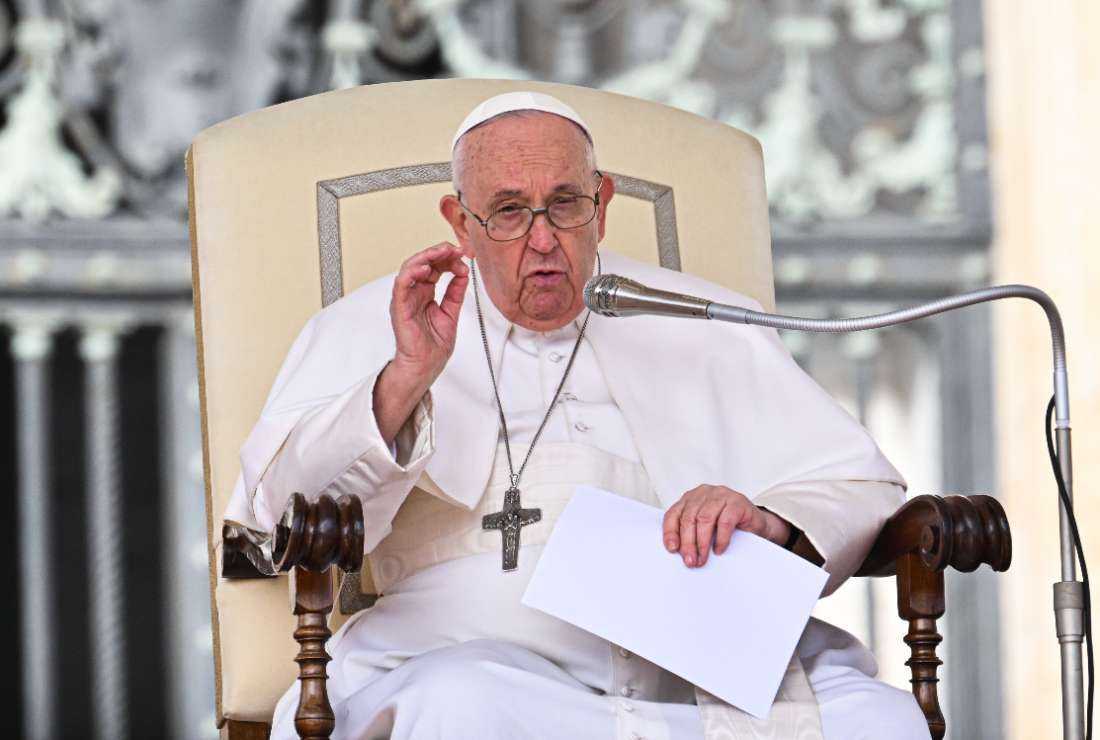 Pope Francis speaks during the weekly general audience on March 22 at St. Peter's square in The Vatican
