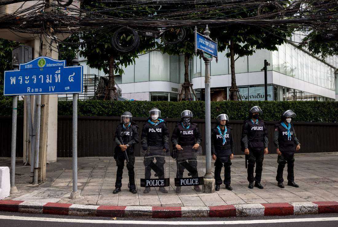 Police officers stand guard by the Queen Sirikit National Convention Center ahead of the Asia-Pacific Economic Cooperation (APEC) summit in Bangkok on Nov. 14, 2022