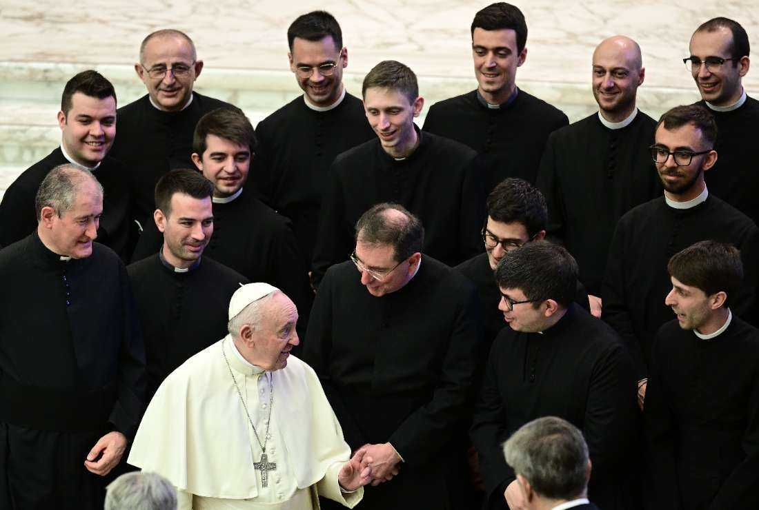 Pope Francis meets with priests during the weekly general audience on March 23, 2022, at Paul-VI hall in The Vatican