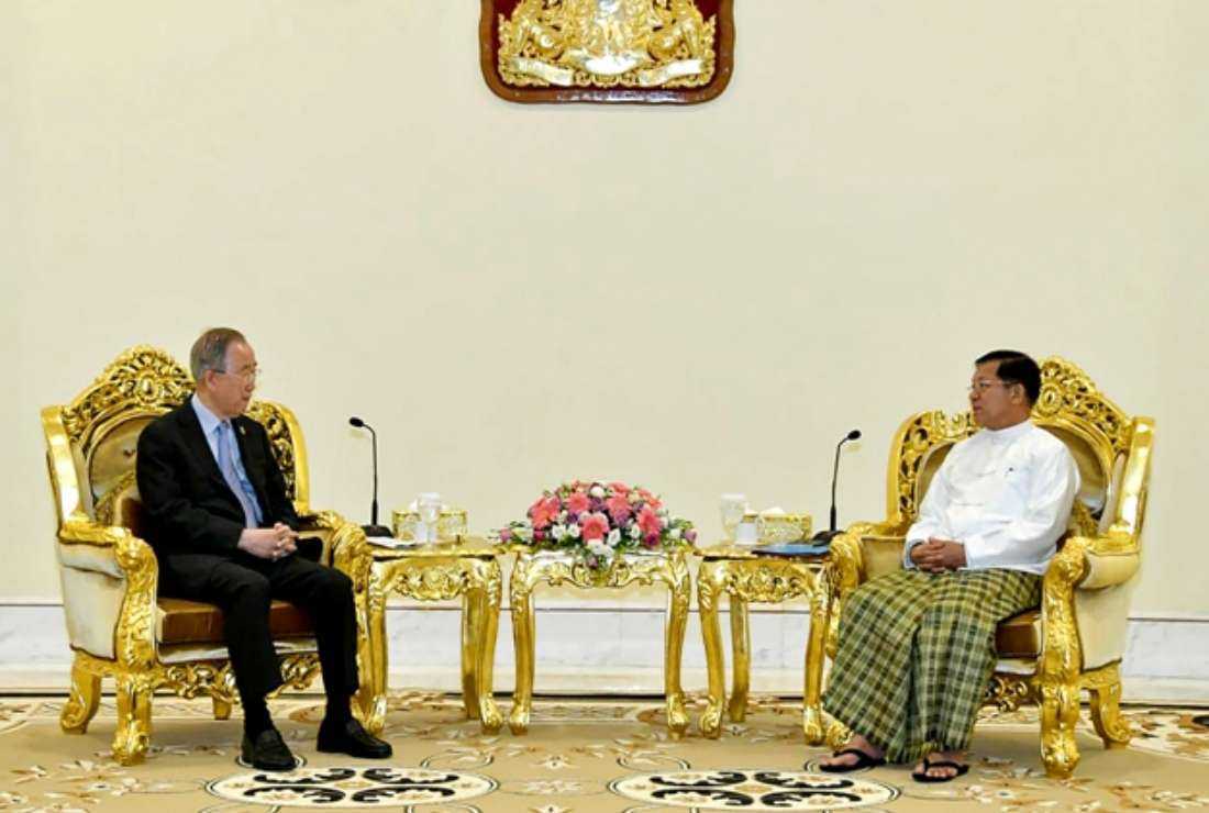 This handout photograph taken on April 24 and released by the Myanmar Military Information Team shows Myanmar military chief Min Aung Hlaing (right) meeting former United Nations secretary-general Ban Ki-moon in Naypyidaw. The former UN chief met for talks with top officials from Myanmar's junta on April 24 as the bloody conflict engulfing the country spirals