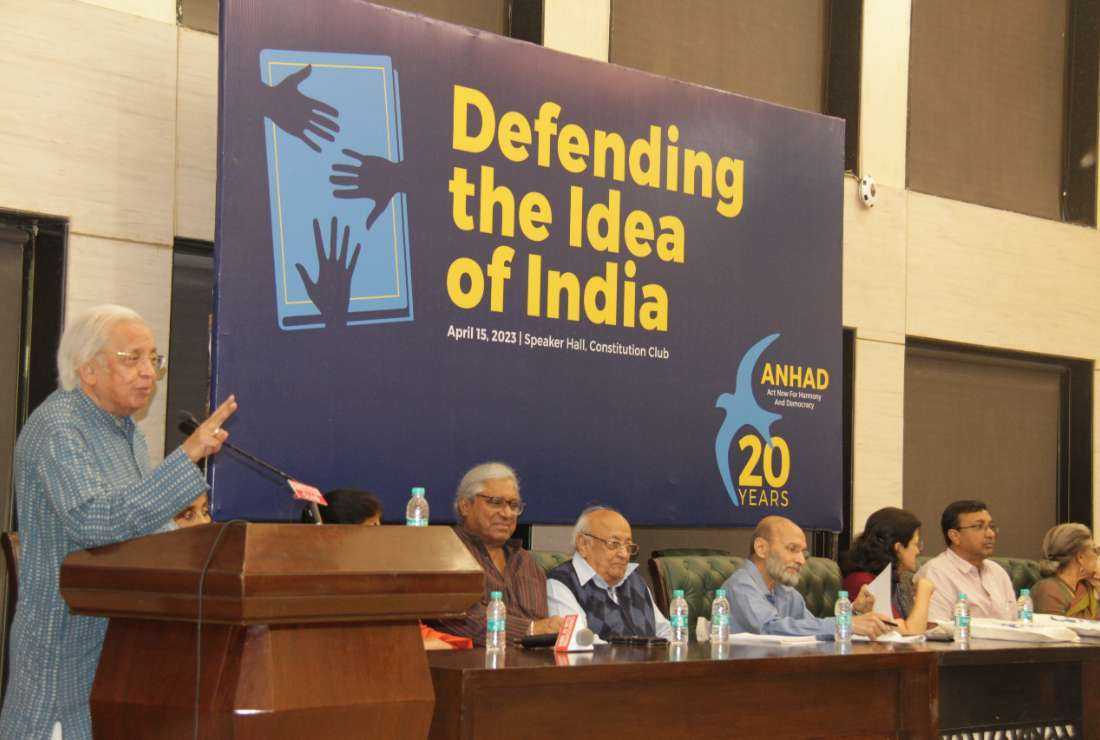 Poet-critic Ashok Vajpeyi speaking at the 20th anniversary of ANHAD, set up in 2003 following the Gujarat riots, in New Delhi on April 15