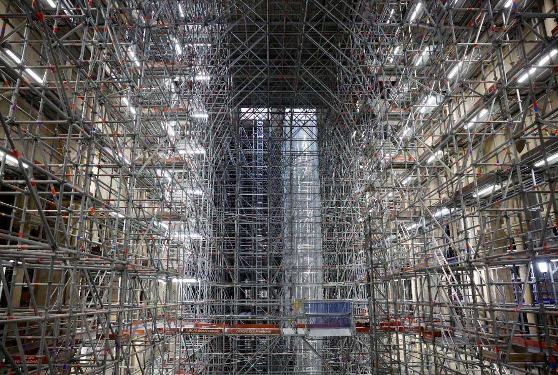 This photograph shows scaffolding inside the nave of the Notre-Dame de Paris Cathedral, which was damaged in a devastating fire four years ago, in Paris, France, April 14, 2023