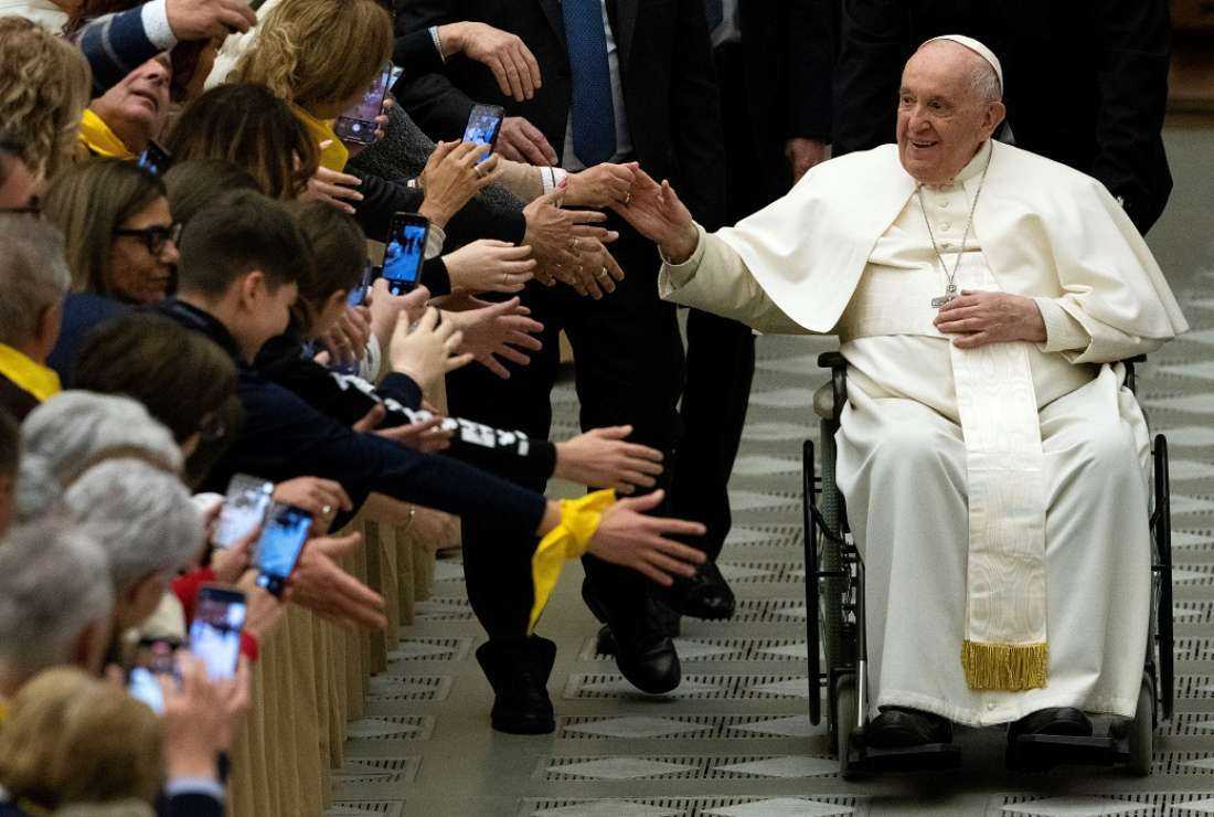 Pope Francis meets pilgrims from Crema diocese during an audience at the Paul VI Hall in the Vatican on April 15. During the audience, the pope again called for peace in war-ravaged Myanmar following a deadly airstrike that killed at least 168 people