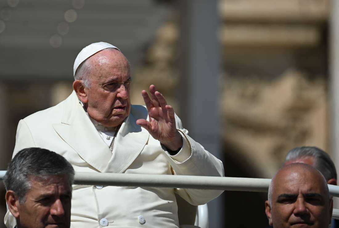 Pope Francis waves as he leaves in the popemobile car at the end of the weekly general audience on April 19 at St. Peter's square in The Vatican