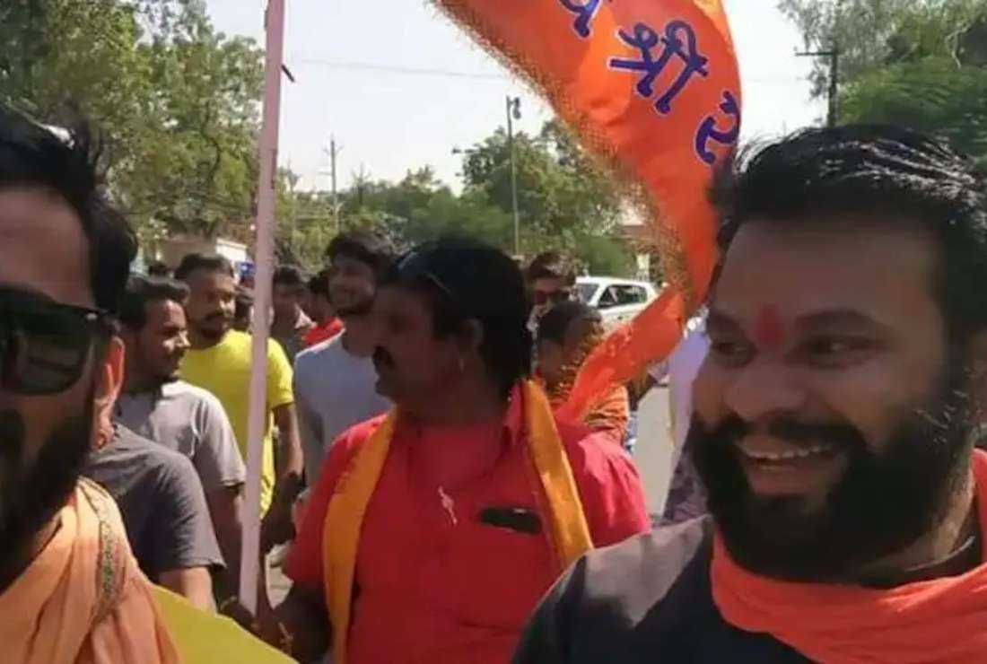 Hindu activists march in Jhabua on Jan. 11, 2021, to demand the closure of all Christian churches in the district of Madhya Pradesh state in central India