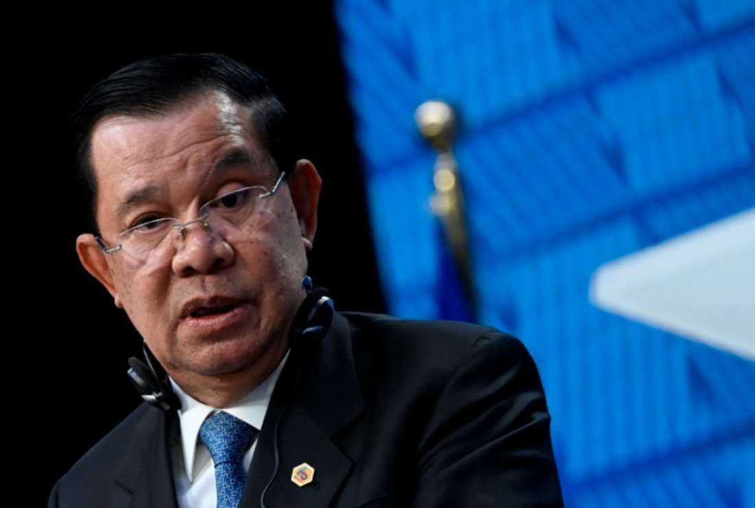 Cambodian Prime Minister Hun Sen speaks at a press conference during the EU-ASEAN (Association of Southeast Asian Nations) summit at the European Council headquarters in Brussels on Dec. 14, 2022