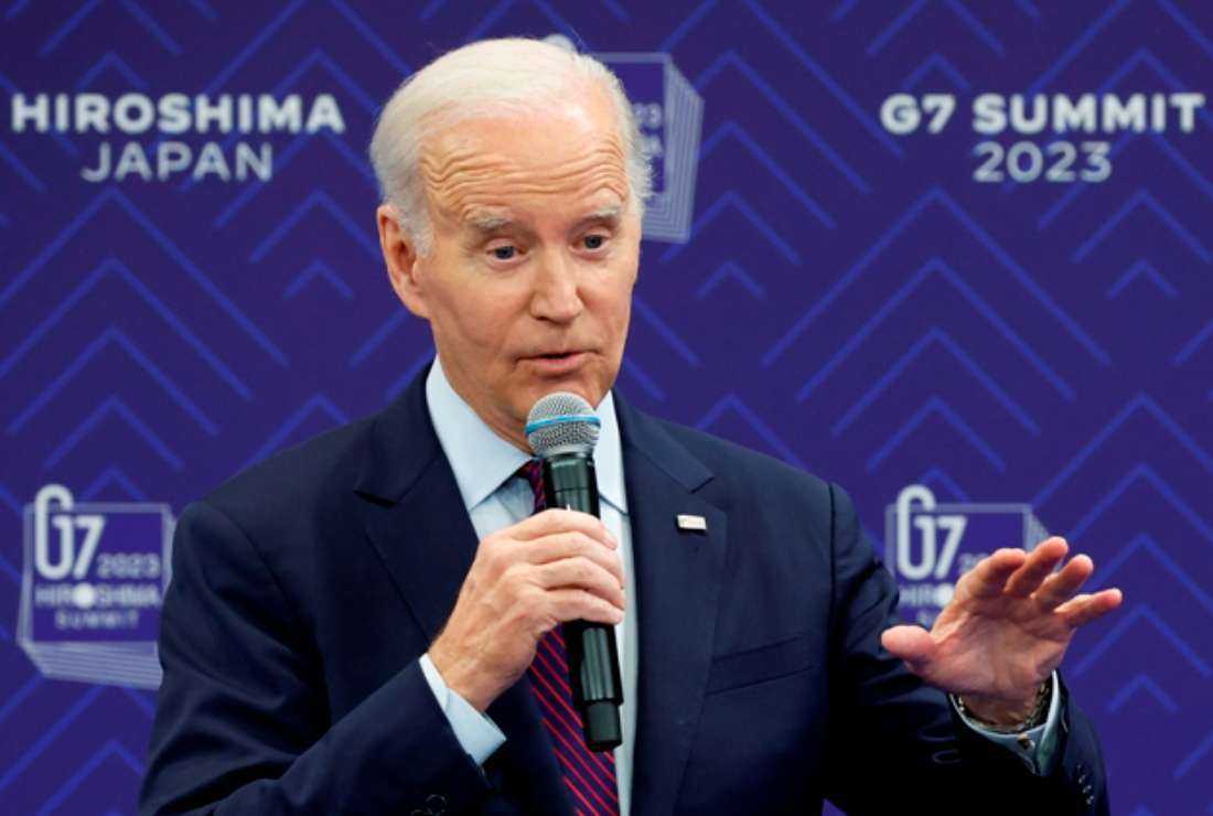 US President Joe Biden speaks during a press conference following the G7 Leaders' Summit in Hiroshima on May 21. Biden’s refusal to offer an apology for the cold-blooded act done in August 1945, even while setting foot in Hiroshima, could be seen as a sharp warning that the US and its G7 allies will resort to nuclear weapons yet again to intimidate humanity