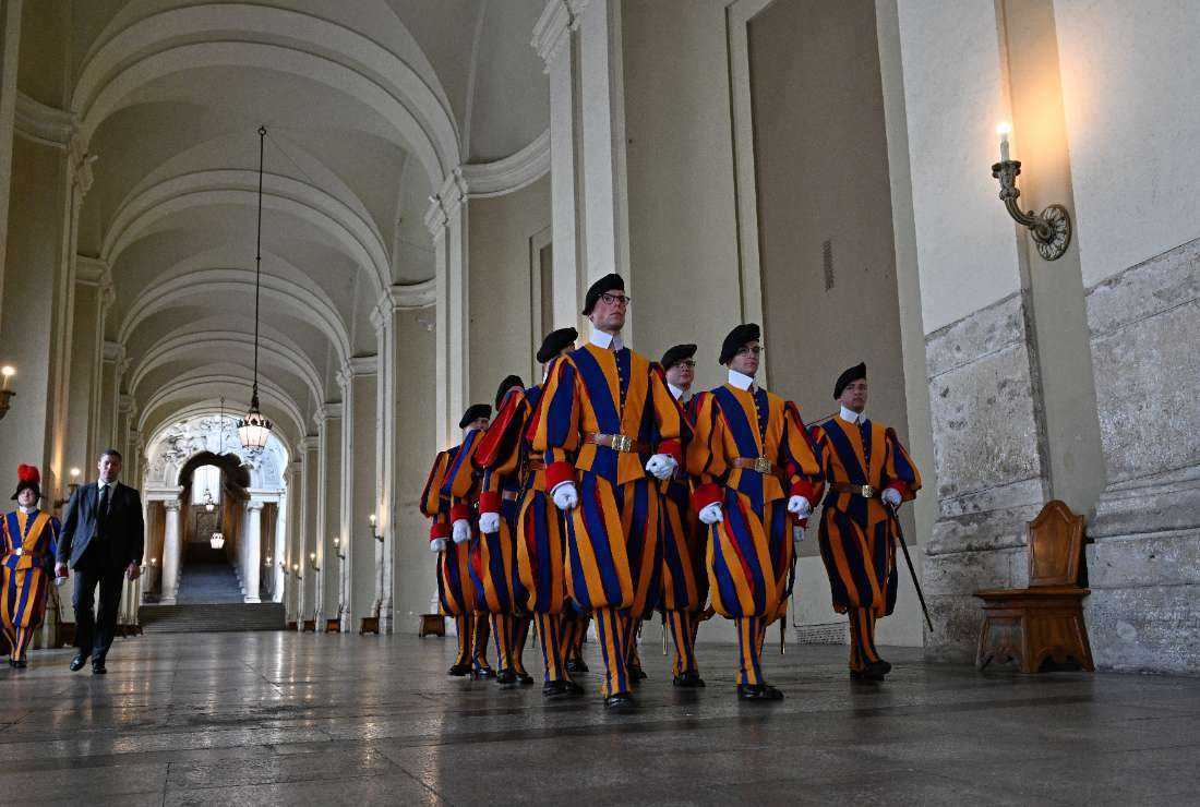 This photo taken on April 26 shows a squadron of the Swiss Guard returning from a representation service at the Apostolic Palace, in the days leading up to the swearing-in ceremony of new Guard recruits Switzerland to the Vatican