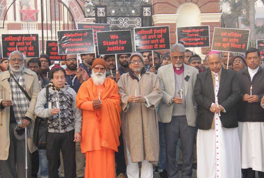 Religious leaders protest against hate speech and violence against Christians in New Delhi on Feb. 19, 2023