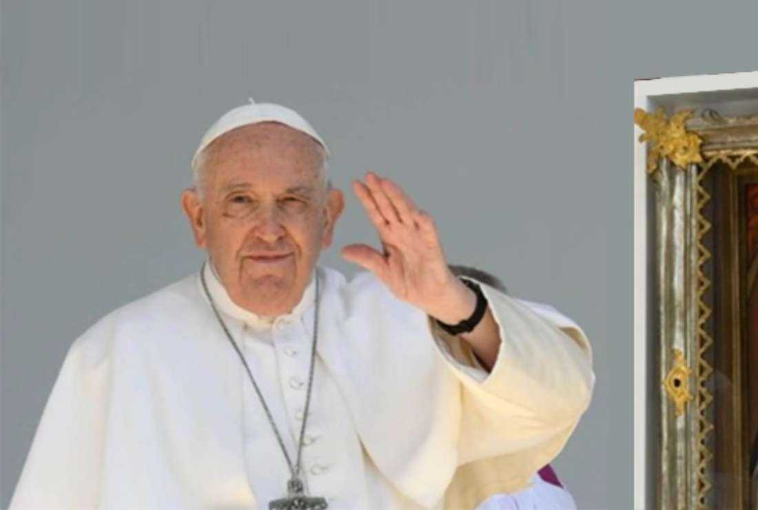 Pope Francis gestures at the audience during a Mass in Budapest, Hungary