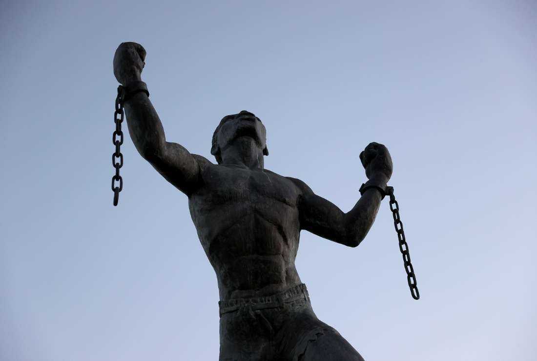 The Emancipation Statue symbolizing the breaking of the chains of slavery at the moment of emancipation is shown on November 16, 2021, in Bridgetown, Barbados