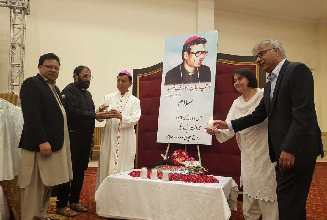 Archbishop Sebastian Shaw of Lahore and others at a memorial seminar to honor Bishop John Joseph who killed himself in protest against Pakistan's controversial blasphemy law, in Lahore on May 3