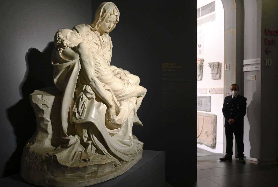 Michelangelo's cast of the Vatican Pieta is seen during a preview of the exhibition 'The three Michelangelo's Pieta' at the Cathedral Museum in Florence on Feb. 23, 2022
