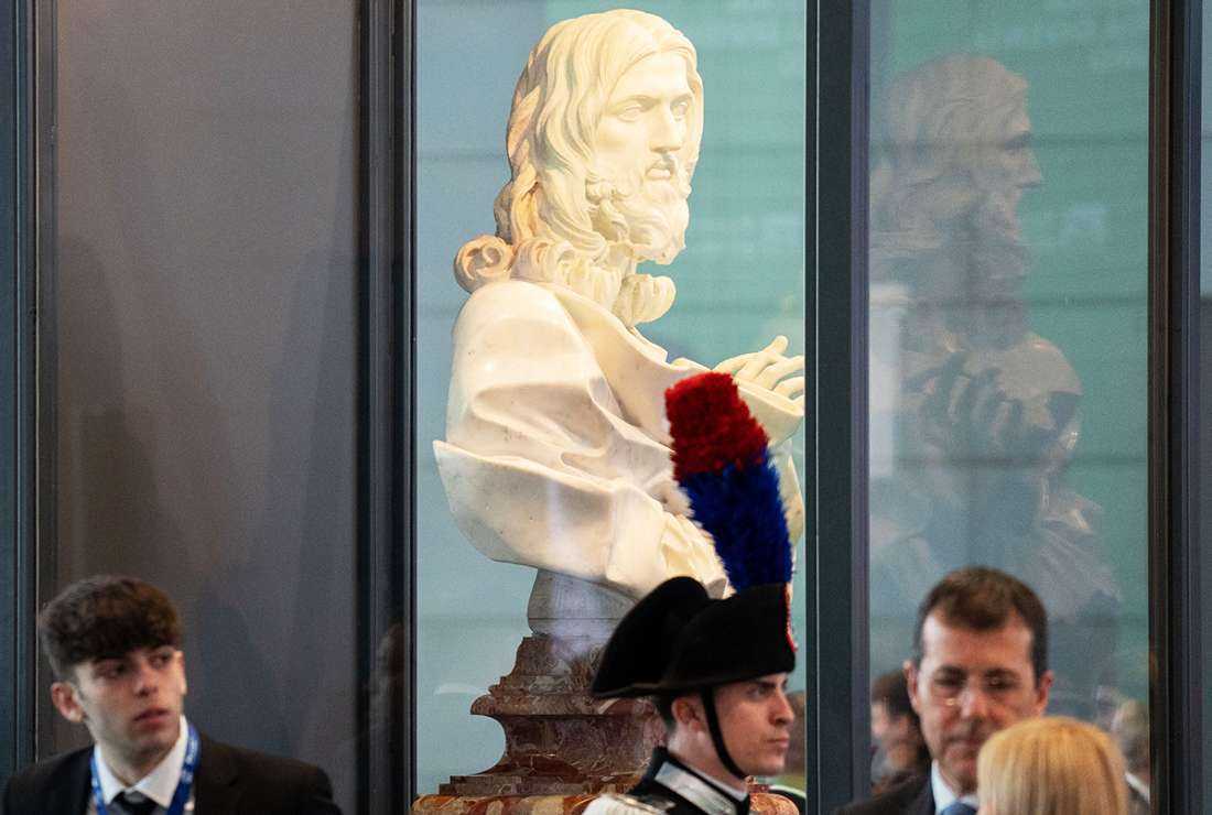 The renowned Italian artist Gian Lorenzo Bernini’s famous sculpture 'Salvator Mundi' (Savior of the World) is on display at Rome's airport.
