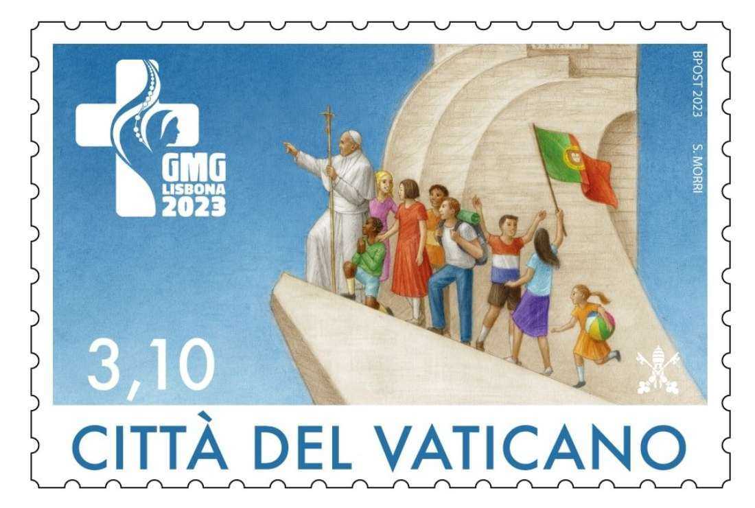 A commemorative stamp created for World Youth Day 2023 and released by the Vatican May 11 depicts an image of Pope Francis with young people that resembles the 'Padrão dos Descobrimentos' (Monument of the Discoveries) statue in Lisbon, Portugal