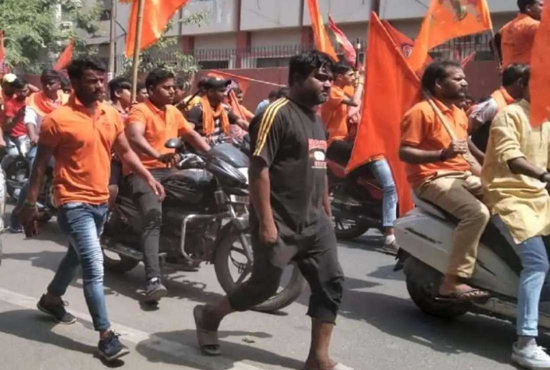 Hindu nationalists take part in a procession on the occasion of Hanuman Jayanti, the birth anniversary of the Hindu god Hanuman, in the northern Indian state of Uttar Pradesh, on April 17, 2022