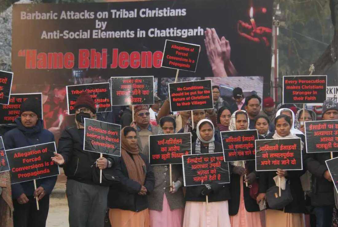 Indian Christians protest against the rising violence against their co-religionists in the central state of Chhattisgarh, in New Delhi on Jan. 8