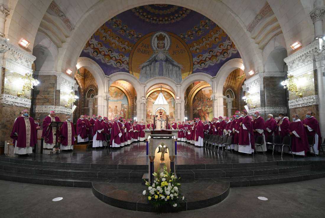 The bishops of the CEF (Conference des eveques de France) attend a mass during the annual conference of bishops of France at the basilica, in the sanctuary of Our Lady, which will have a special focus on the questions raised by the Sauve report concerning pedophilia in the French Catholic Church, in Lourdes, on Nov. 2, 2021