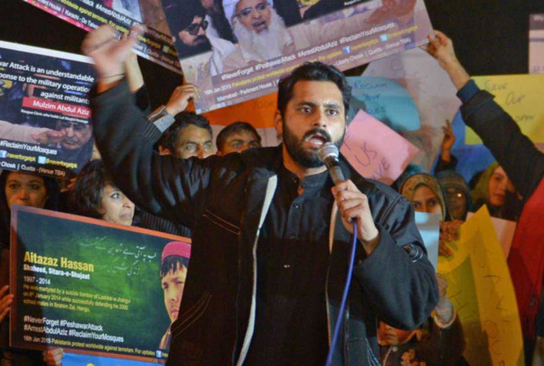 Pakistani rights activist Jibran Nasir leads a political rally in Karachi in 2018. Nasir was allegedly abducted on June 1
