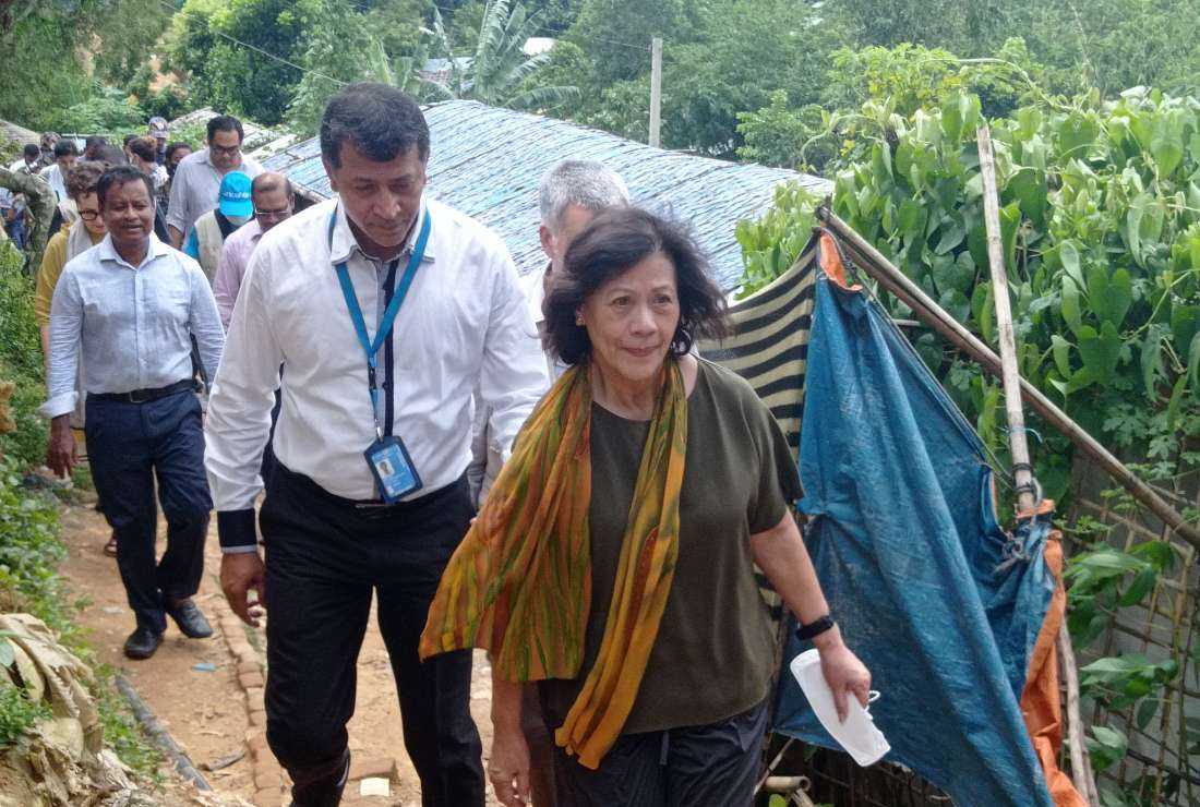 United Nations Special Envoy on Myanmar, Noeleen Heyzer (center) visits a Rohingya refugee camp in Ukhia, Cox's Bazar, Bangladesh, on Aug. 23, 2022