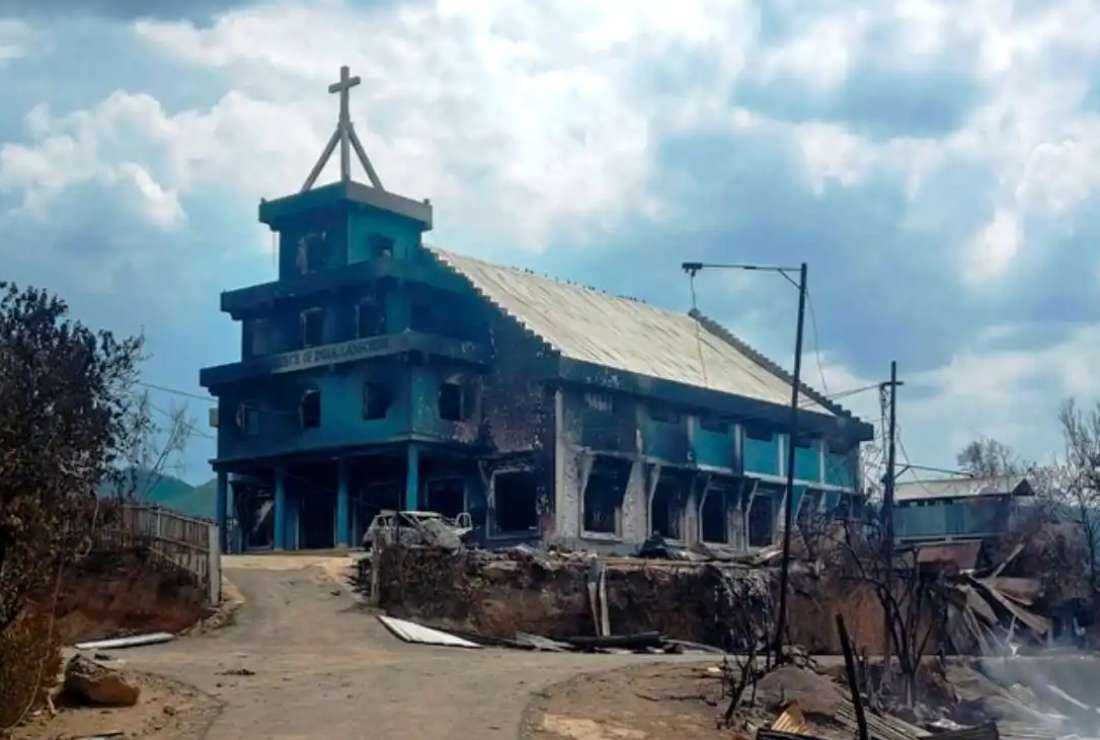 The remains of a burnt church are seen in Langching village some 45 km from Imphal, the capital city of Manipur on May 31. The ongoing ethnic violence has kept India's northeastern state on the edge since May 3
