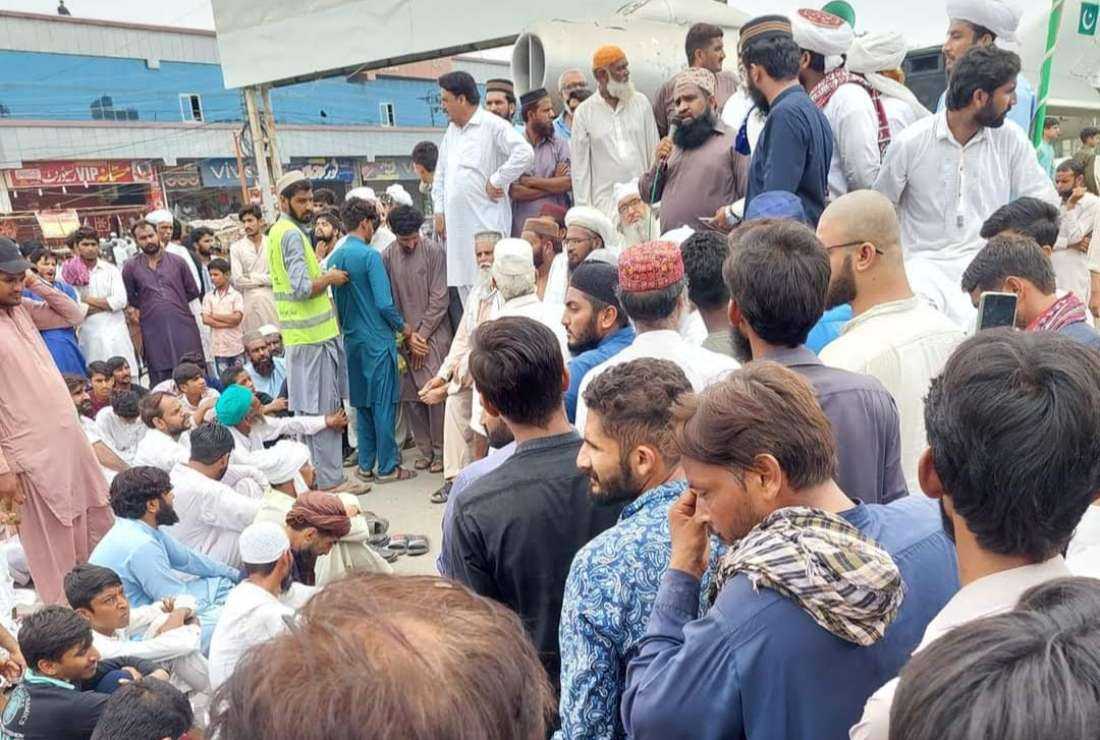 Muslims protesting at the Faisalabad road intersection in Sargodha city in Pakistan's Punjab province, on July 16, against an alleged case of blasphemy against the Prophet Muhammad