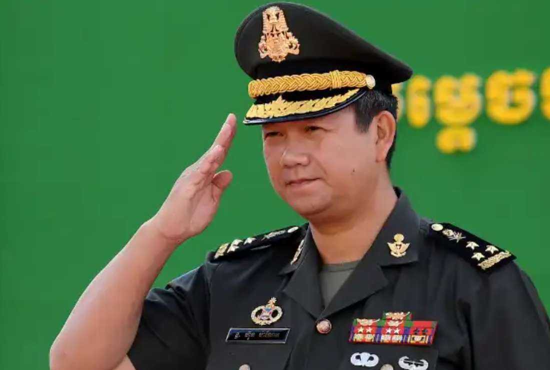 Lt. Gen. Hun Manet, deputy commander-in-chief of the Royal Cambodian Armed Forces, seen during a ceremony to deploy 290 Chinese military trucks at the National Olympic Stadium in Phnom Penh on June 18, 2020