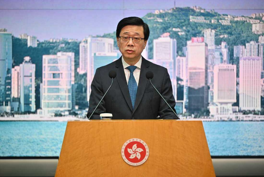 Hong Kong's Chief Executive John Lee speaks during his weekly press conference at the government headquarters in Hong Kong on May 30