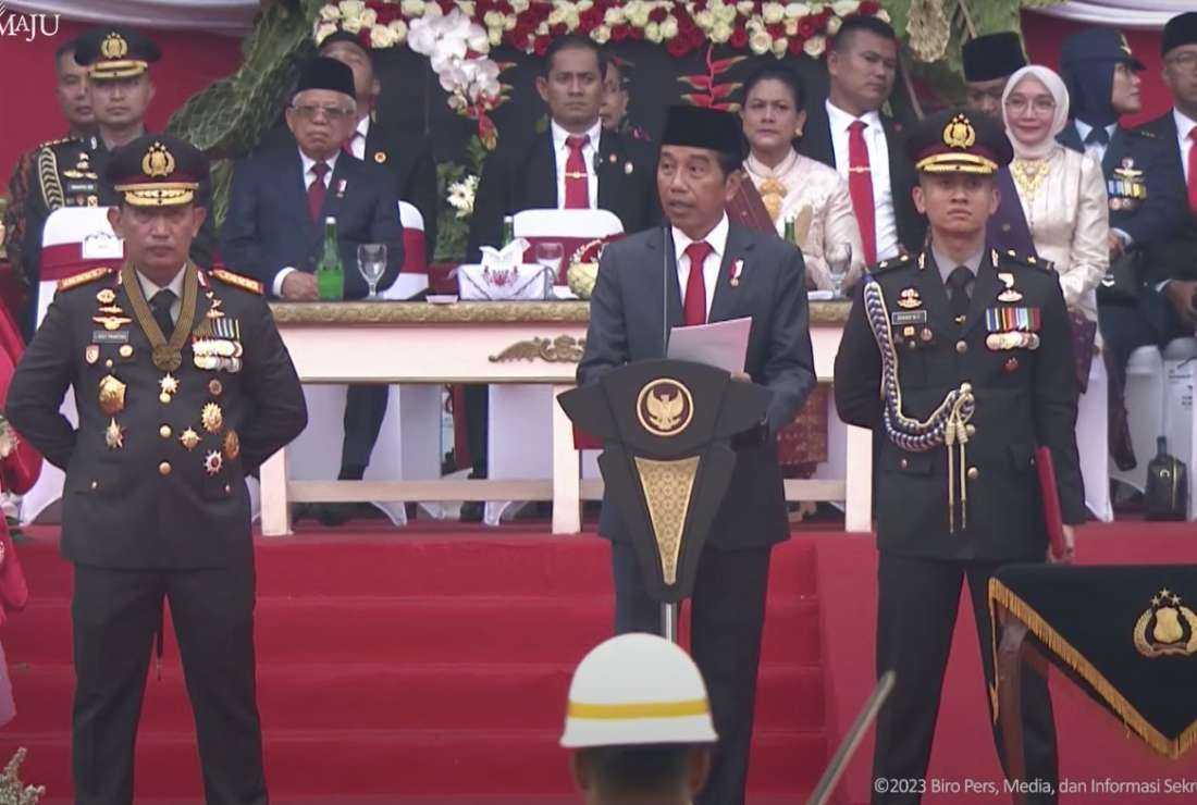 President Joko Widodo gives a speech at an event marking the 77th Anniversary of the Indonesian National Police on July 1
