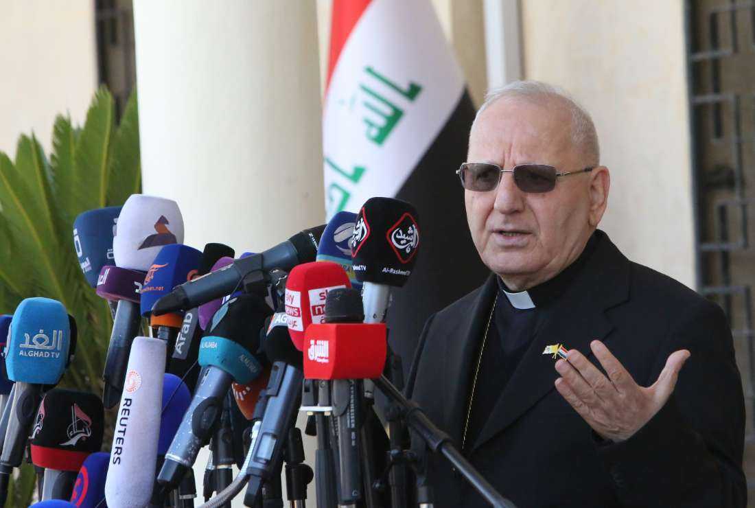 Cardinal Louis Sako, the head of Iraq's Chaldean Catholic Church, addresses a press conference at Baghdad's St. Joseph church on March 3, 2021, ahead of the first-ever papal visit to Iraq