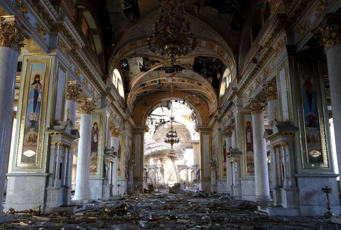 This photograph taken on July 23, shows the destructed Transfiguration Cathedral as a result of a missile strike in Odesa, amid the Russian invasion of Ukraine